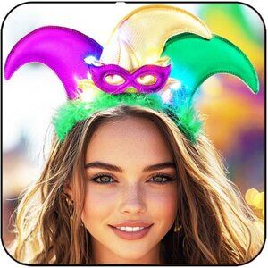 Light Up Mardi Gras Headband Jester Hat Costume Accessory Women